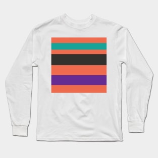 A scarce harmonization of Light Red Ochre, Faded Orange, Purple, Blue/Green and Dark Charcoal stripes. Long Sleeve T-Shirt